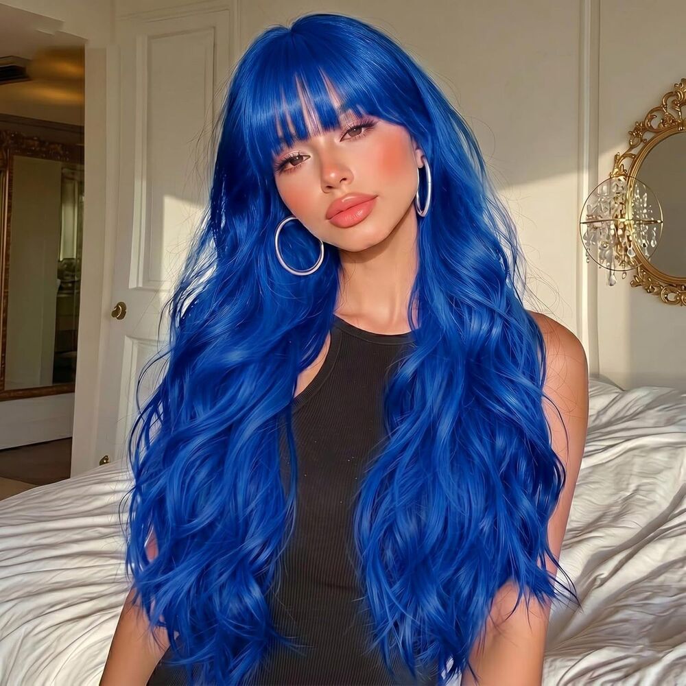 NOSTALGIA Dark Blue Wig with Bangs for Women, 26 Inch Wavy Synthetic Wig